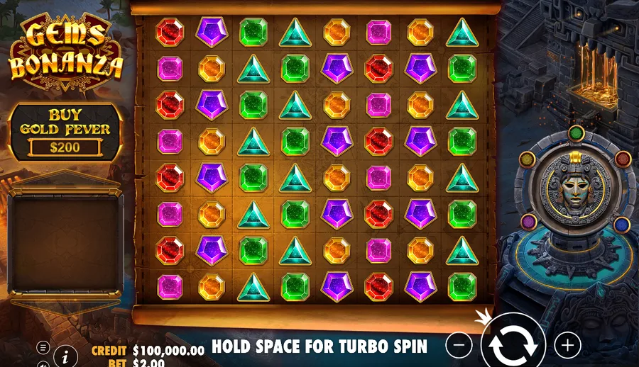 Gems Bonanza 8x8 grid with the Buy Gold Fever button, credit and bet controls along the bottom
