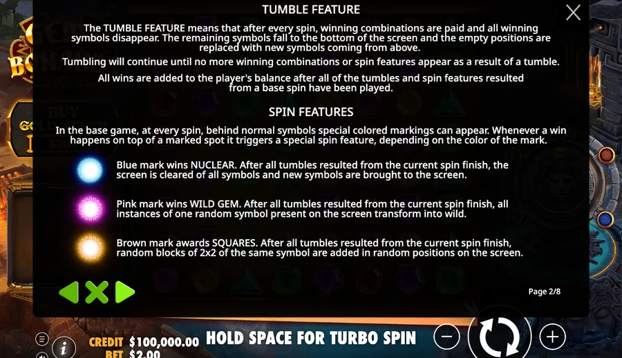 The Gems Bonanza tumble and spin features rules panel showing the Nuclear, Wild Gem and Squares modifiers