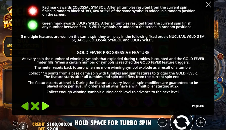 The Gems Bonanza rules panel showing the Colossal and Lucky Wilds modifiers and the Gold Fever progressive with its win multiplier