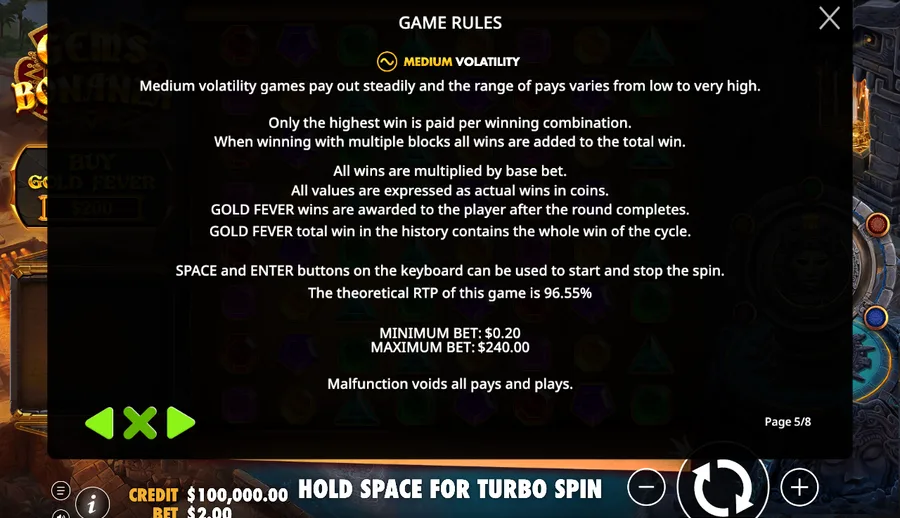 Gems Bonanza Game Rules panel showing RTP 96.55%, medium volatility and the $0.20 to $240 bet range