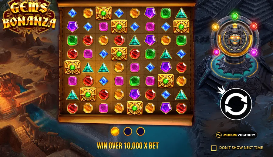 Gems Bonanza intro splash showing the full gem grid with WIN OVER 10,000 X BET