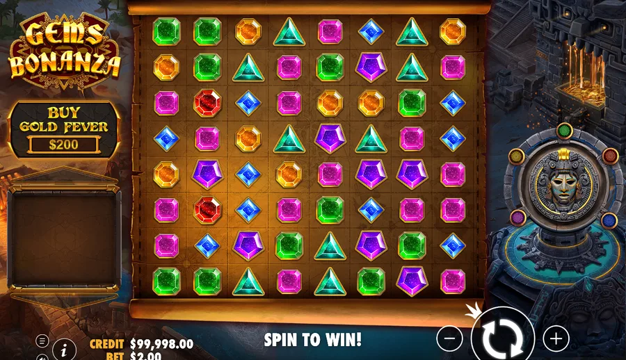 Gems Bonanza 8x8 grid mid-play after a spin, with connected gem clusters lit up